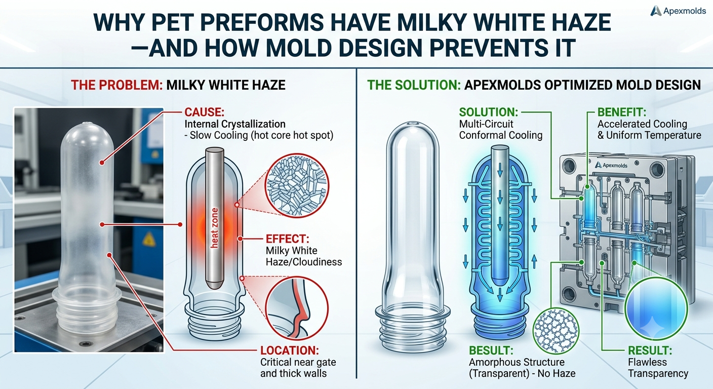Why PET Preforms Have Milky White Haze—and How Mold Design Prevents It