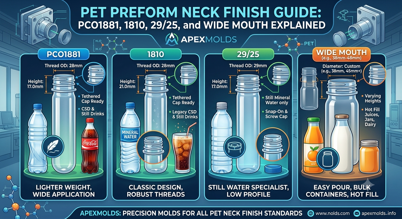 PET Preform Neck Finish Guide: PCO1881, 1810, 29/25, and Wide Mouth Explained