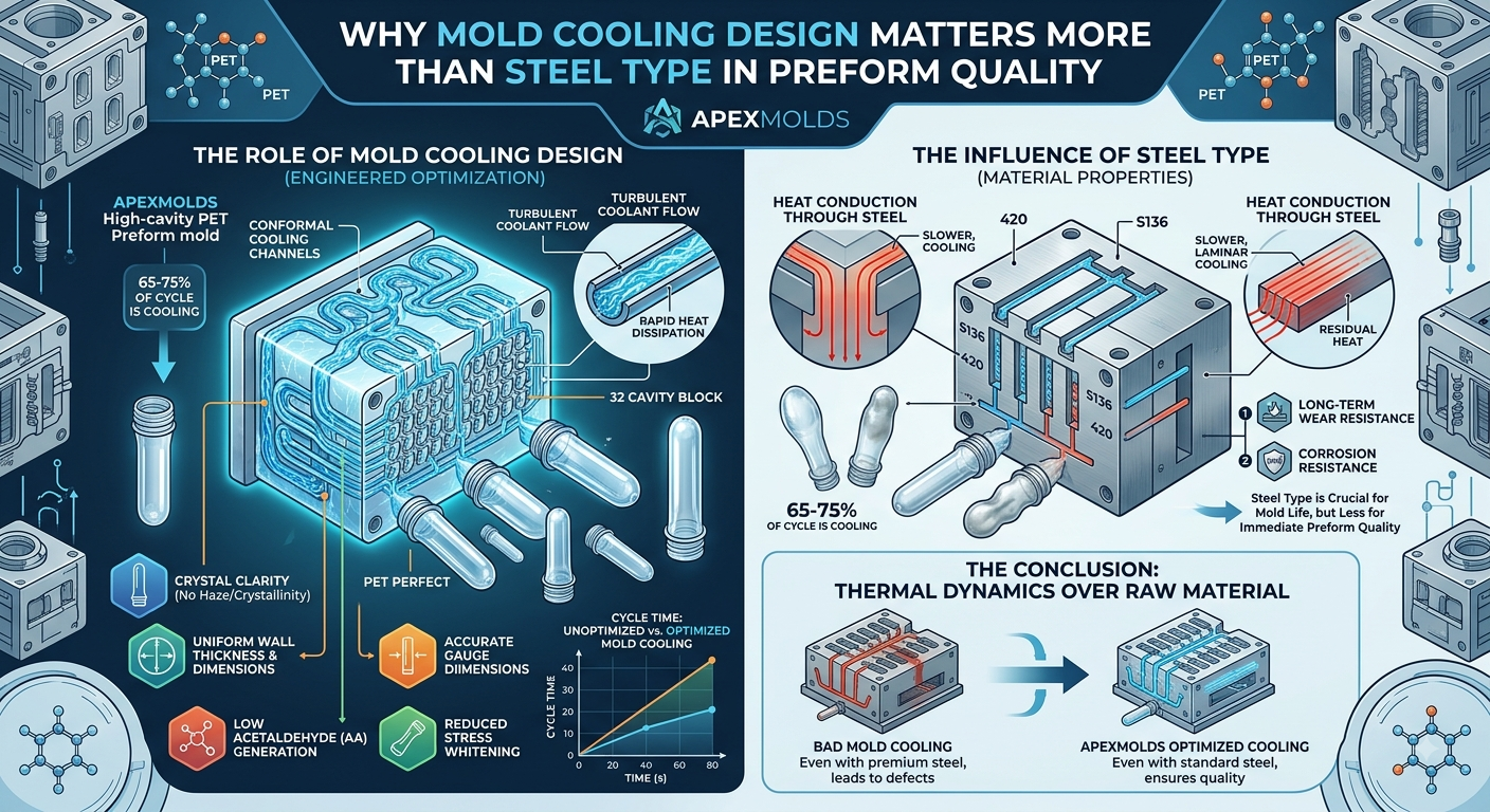 Why Mold Cooling Design Matters More Than Steel Type in Preform Quality