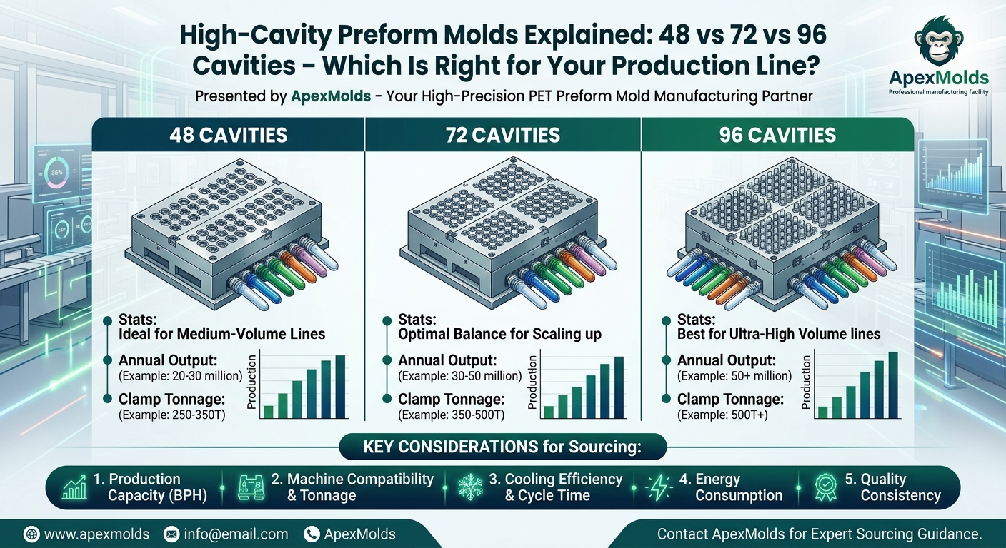High-Cavity Preform Molds Explained: 48 vs 72 vs 96 Cavities – Which Is Right for Your Production Line?